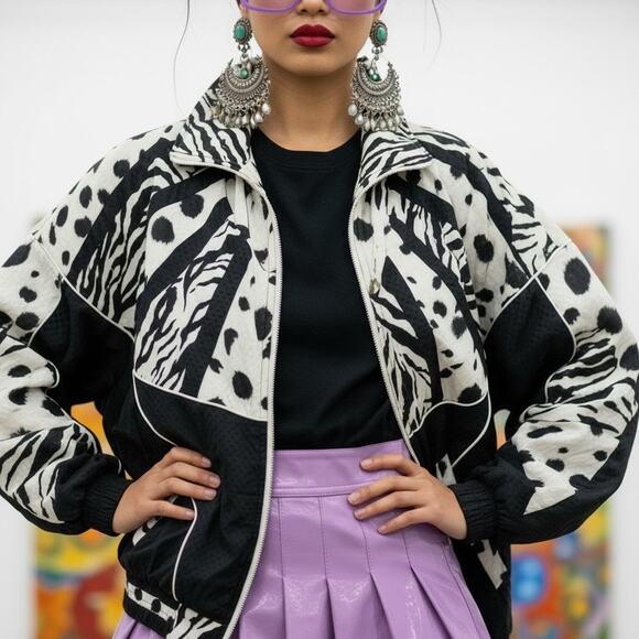 EVR Jackets & Blazers - Vintage 90s EVR Windbreaker Jacket Animal Print Colorblock Zebra Spots Womens PL